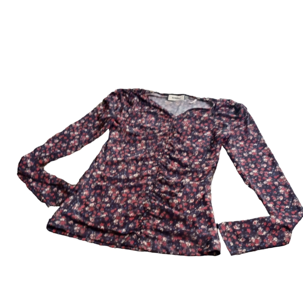 Sandro Shabby Rose Long Sleeved Ruched Front Blouse Black Red Romantic Small